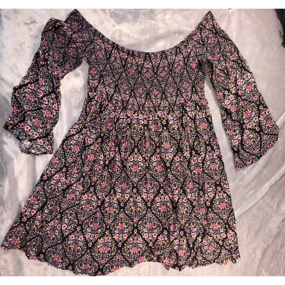 Torrid Womens Black Pink Floral Smocked Off The Shoulder Bell Sleeve Mini Dress - Picture 3 of 13